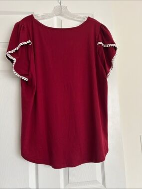 SHEIN Burgundy Flutter Ruffle Sleeve Top with White Trim